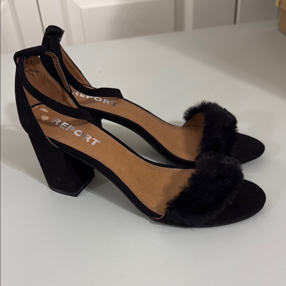 Report Black Fur Heeled Sandals